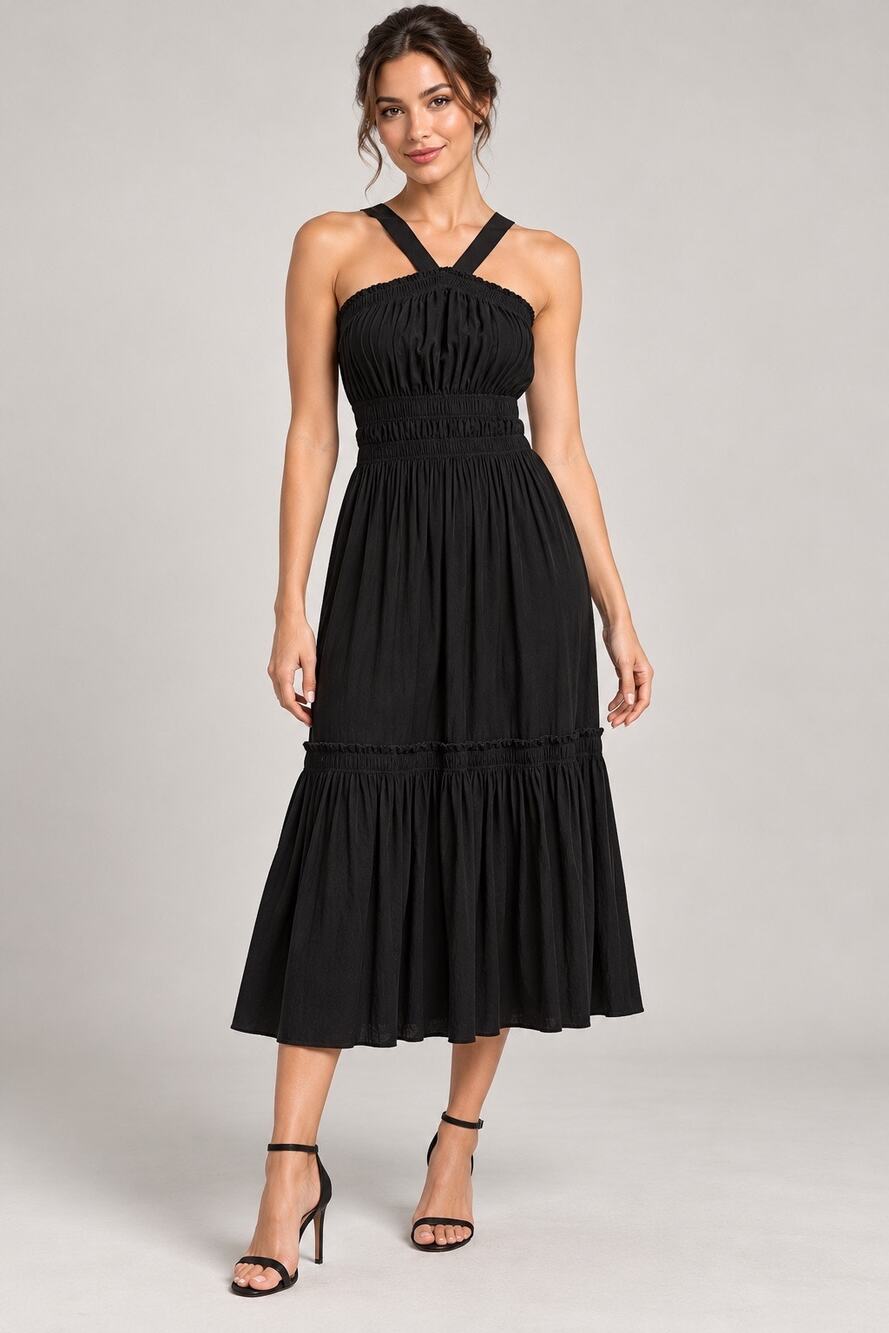 Proenza Schouler White Label Black Shirred Halter Midi Dress Size 6